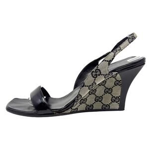 Gucci GG Logo Monogram Supreme Guccissima Black Canvas Leather Heels Sandals 9.5
